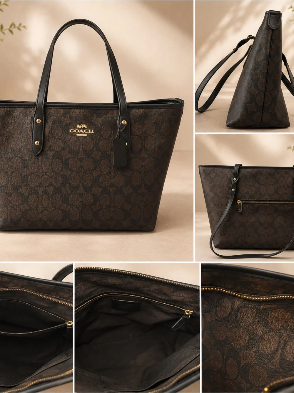 Gently Used Coach Brown Signature Canvas Tote with Black Trim and Gold Hardware